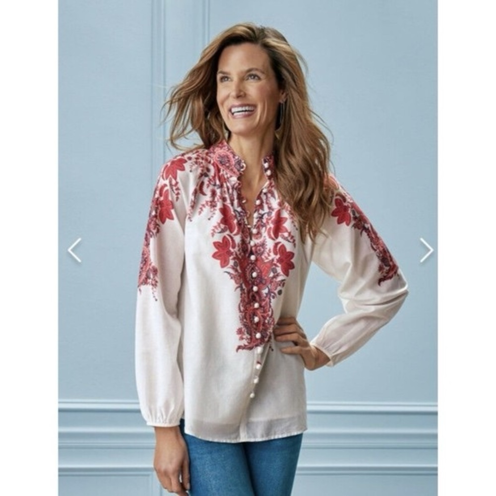 Soft Surroundings Amalia Blouse 100% Cotton Button Detailed Lined Top Size Large